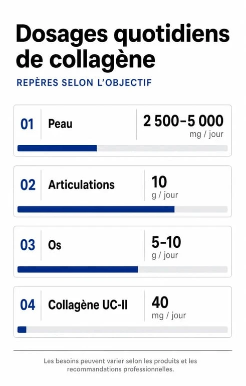 Infographie des dosages recommandés de collagène par jour selon les objectifs de santé