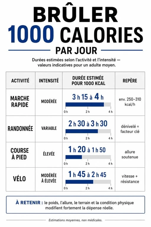 Brûler 1000 calories par jour : infographie comparative des activités et durées estimées