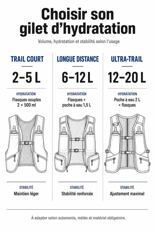 Infographie comparative des critères de choix d'un gilet d'hydratation selon la distance et l'usage