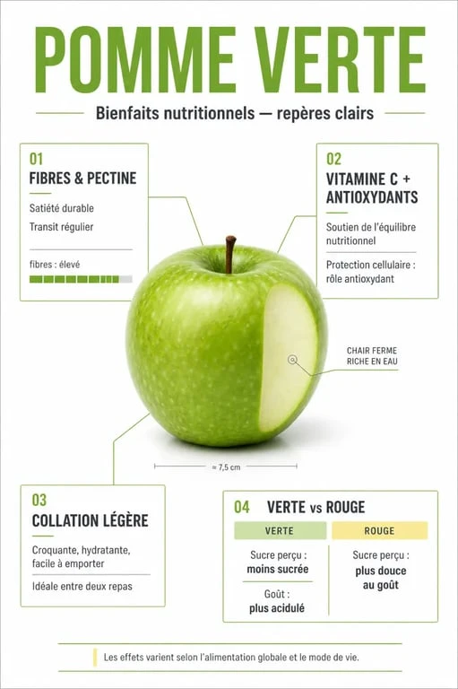 Pomme verte bienfait : visuel scientifique sur les fibres, la satiété, la glycémie et les antioxydants
