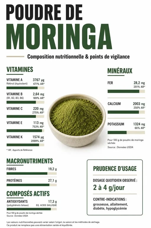 Poudre de moringa bienfait : infographie santé sur les nutriments, le dosage et les précautions