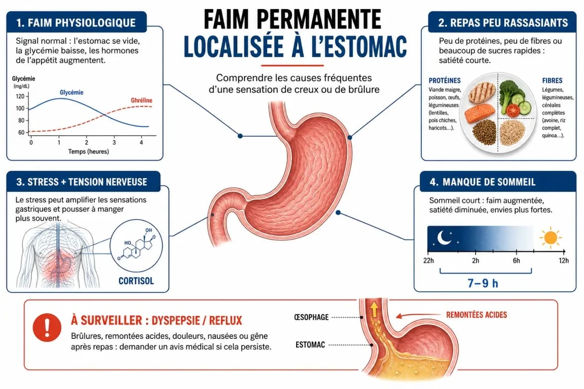 Sensation de faim permanente estomac : schéma des causes possibles et du rôle de la satiété