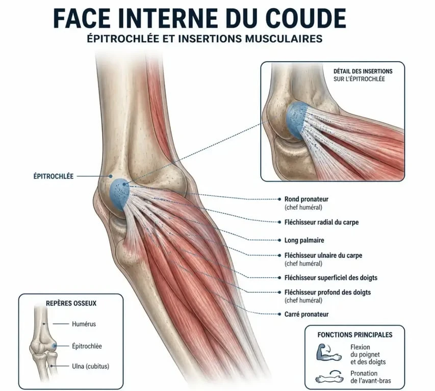 Schéma anatomique de l'épitrochléite au niveau du coude