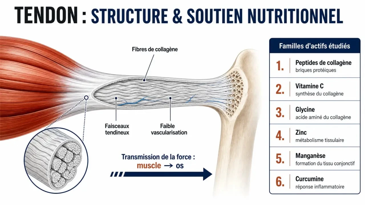 Complément alimentaire pour renforcer les tendons : schéma éditorial du tendon et des actifs clés