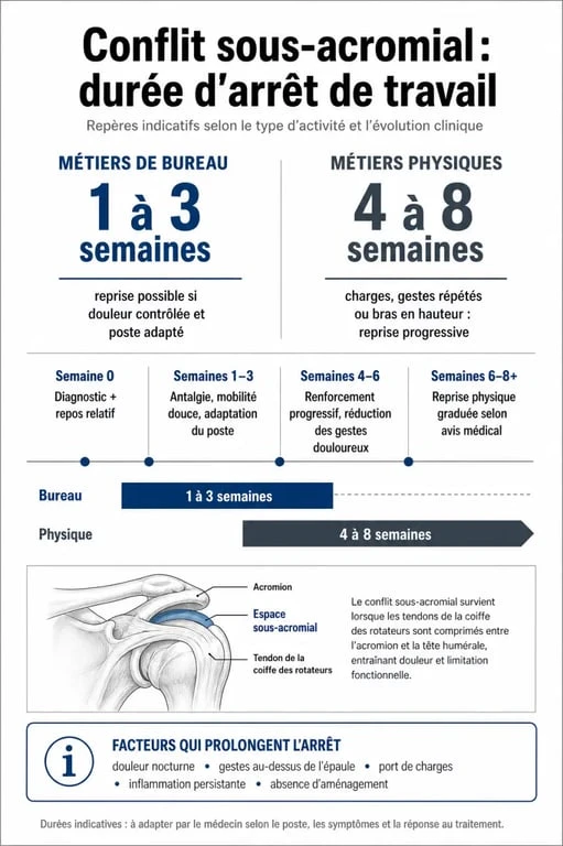 Infographie sur la durée d'arrêt de travail en cas de conflit sous-acromial selon le métier