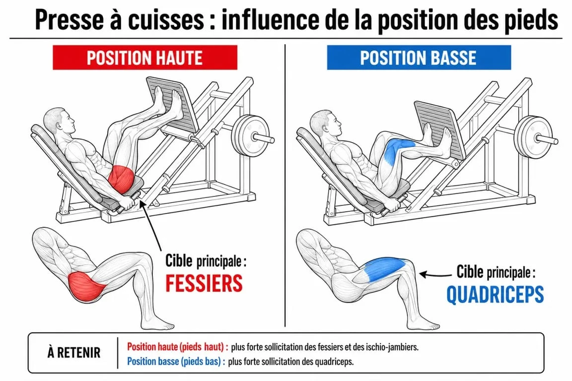 Schéma explicatif de la position des pieds sur la presse à cuisses pour cibler les fessiers