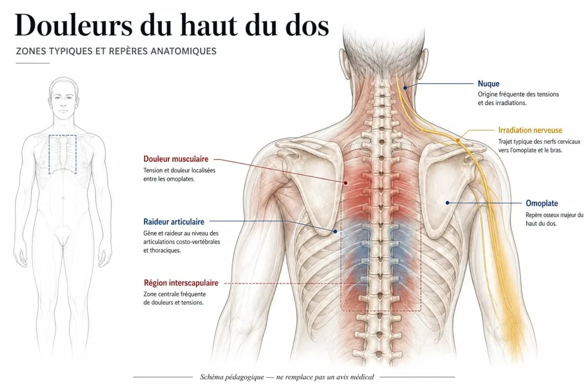 Douleur en haut du dos : schéma du haut du dos, des omoplates et de la colonne thoracique