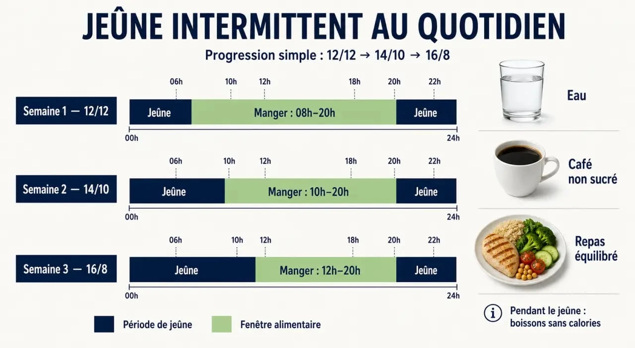 Comment faire le jeûne intermittent : frise visuelle 12/12, 14/10 et 16/8 pour débuter