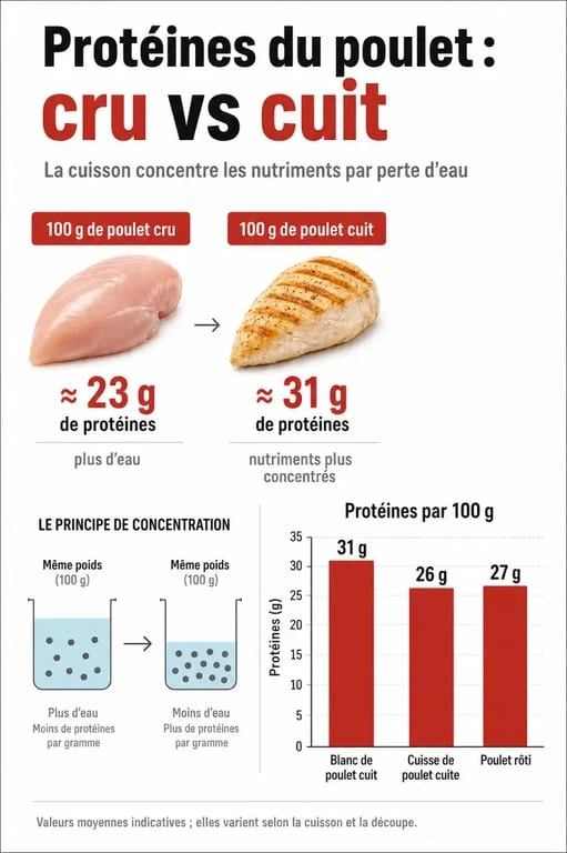 Infographie comparative de la teneur en protéines du poulet cuit et cru par 100g