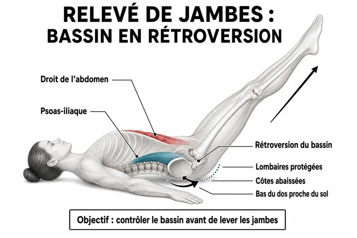 Schéma anatomique du relevé de jambes et engagement des abdominaux