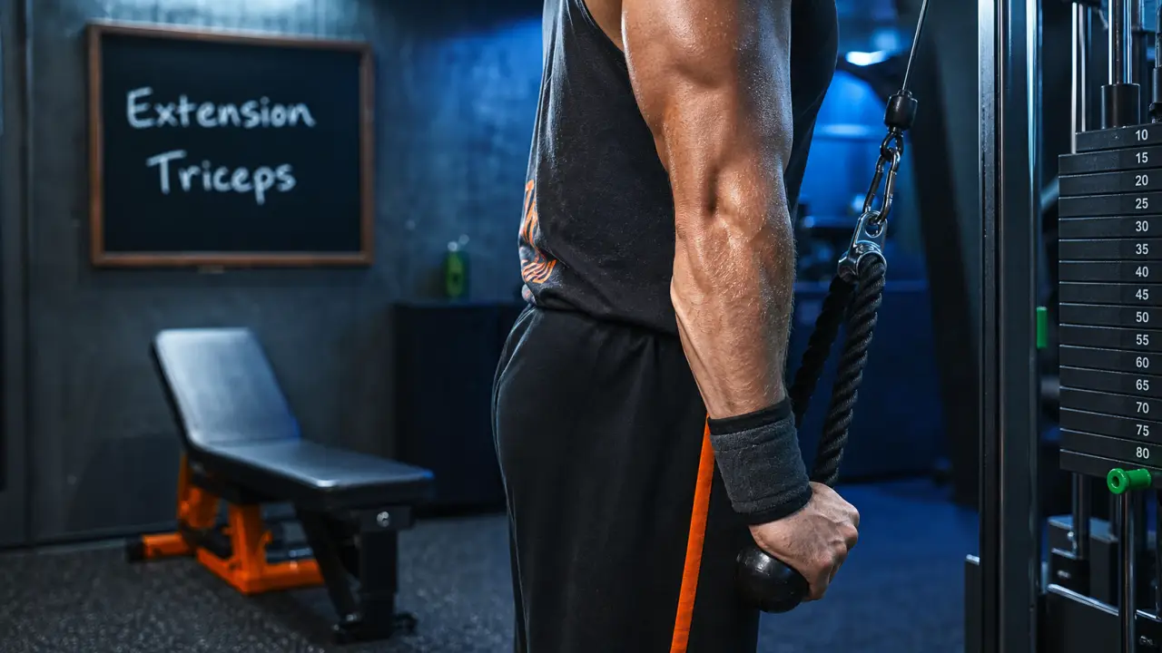 Extension poulie triceps, coudes serrés et amplitude complète