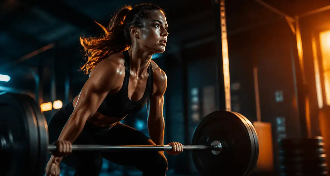 Athlète concentré en plein effort de musculation à la barre dans une salle moderne, lumière contrastée