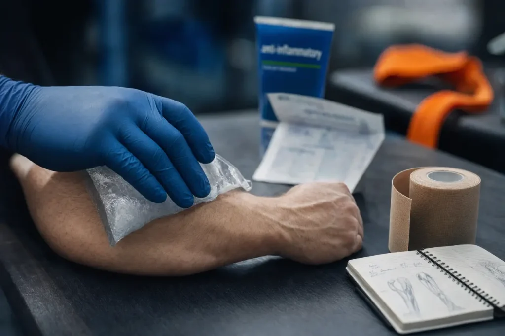 Ibuprofene tendinite : application glace sur tendon en kinésithérapie