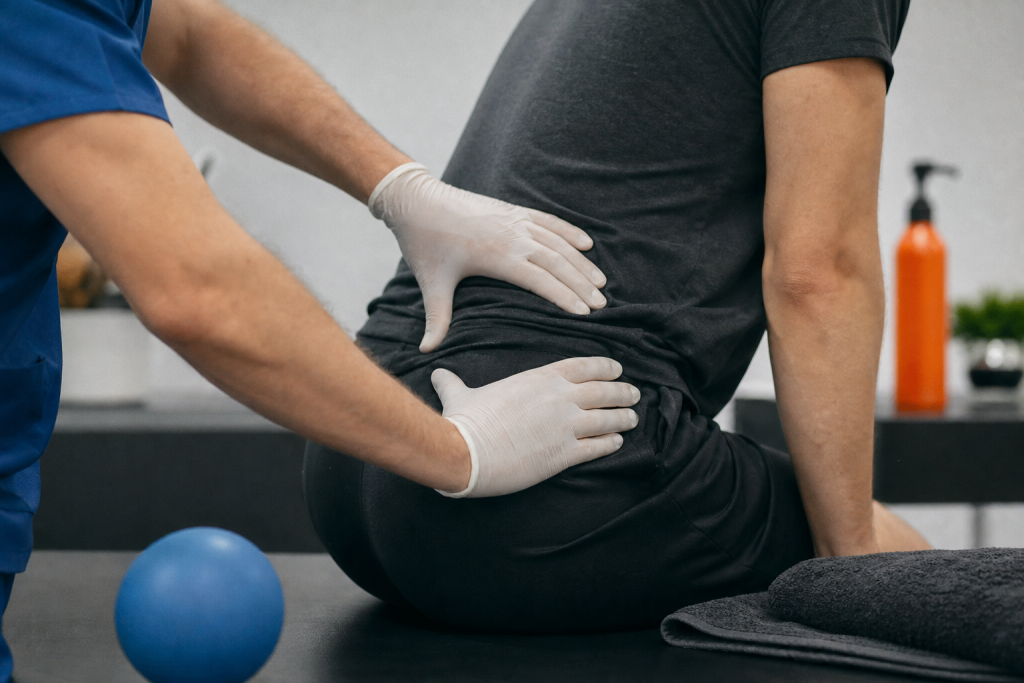 Massage nerf sciatique : mains en kinésithérapie sur hanche et fesse