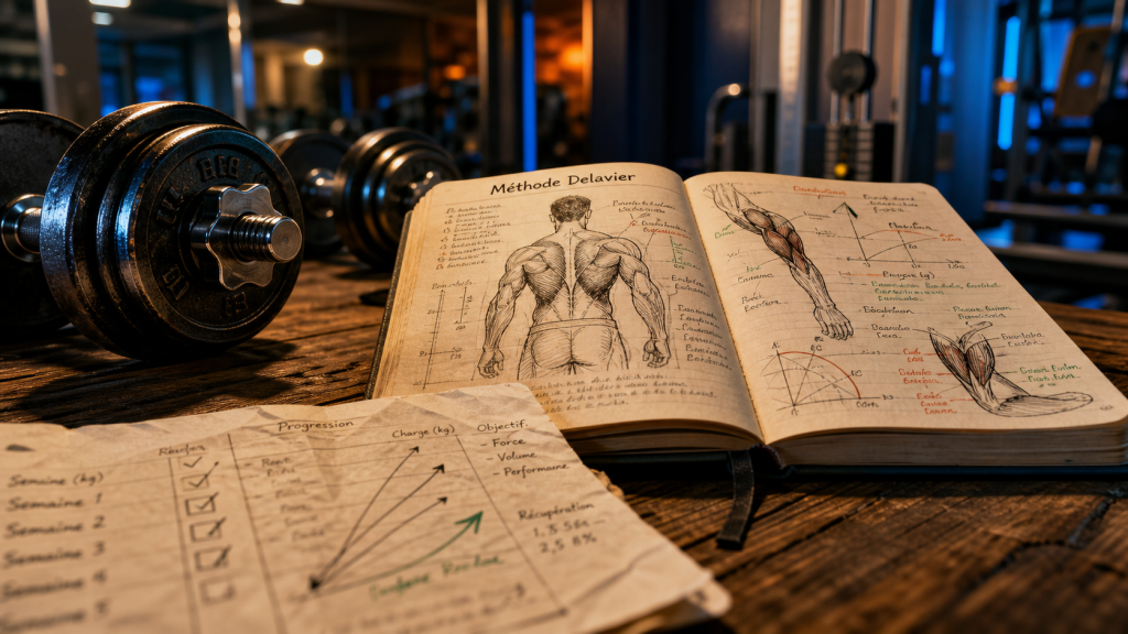 methode de musculation delavier : 200 exercices sur table, haltères et carnet