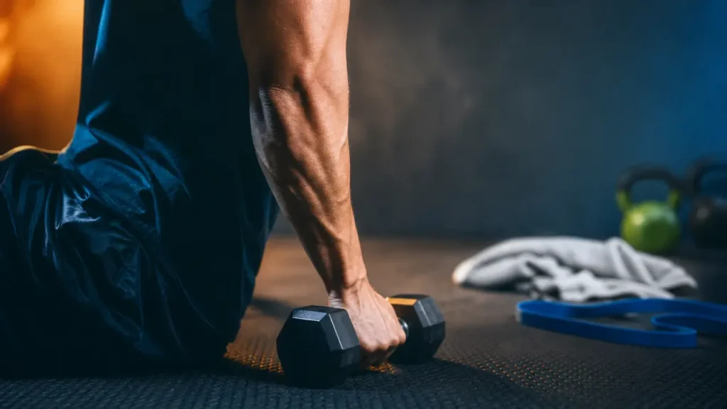 Muscle sous les bras : triceps, extensions haltères contre peau qui pend