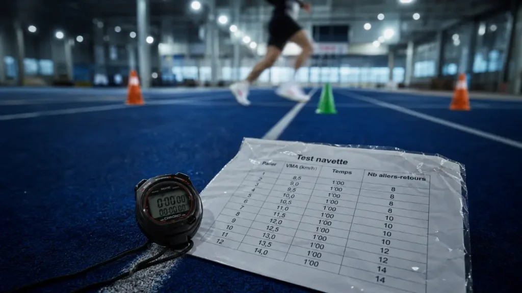 Palier test luc leger sur piste d’athlétisme, chronomètre et tableau navette