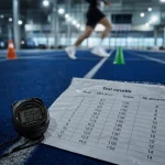 Palier test luc leger sur piste d’athlétisme, chronomètre et tableau navette
