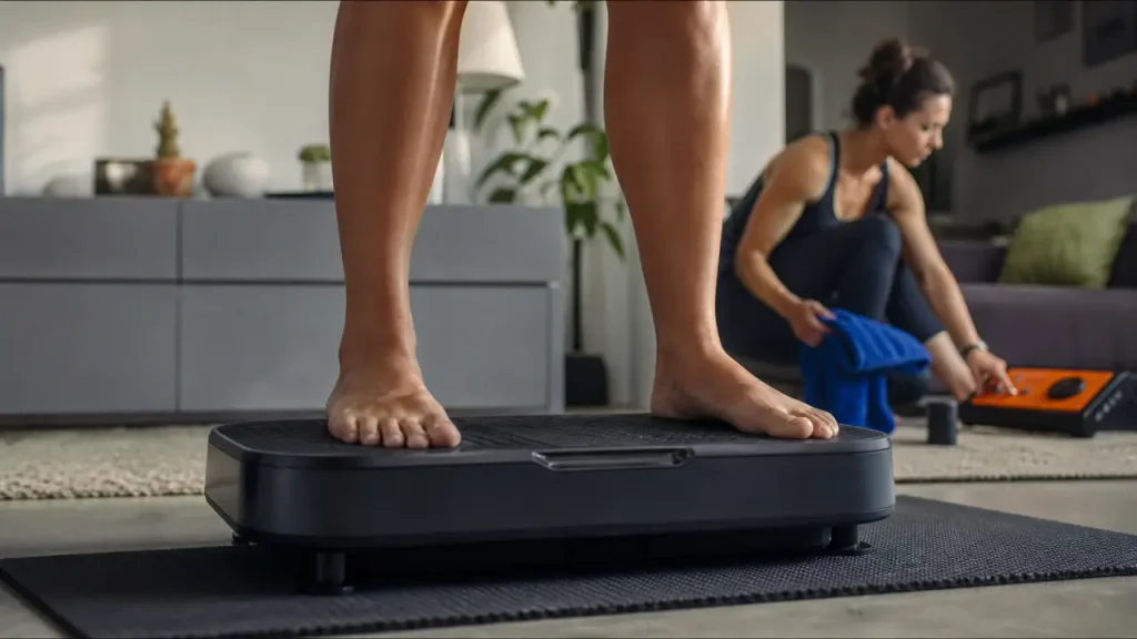 plateforme vibrante bienfaits : femme pieds nus sur plateforme vibrante