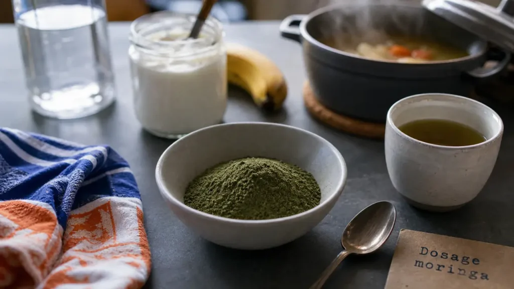 Poudre de moringa bienfait : bol de poudre verte, dosage 2 à 6 g/jour