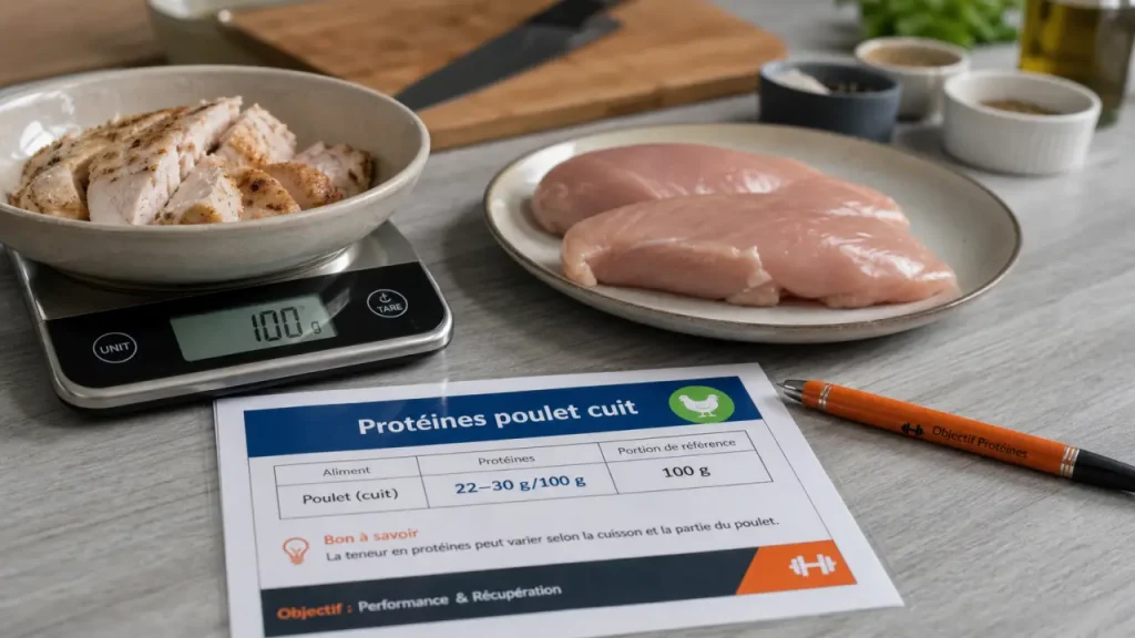 Proteine poulet cuit mesurée : 30 g pour 100 g