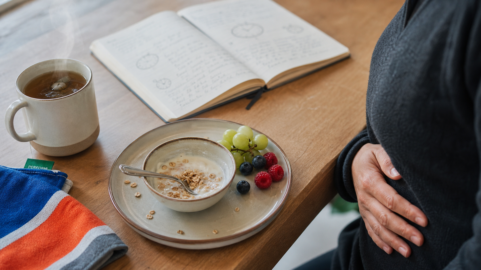 Sensation de faim permanente estomac : main sur ventre et bol de yaourt