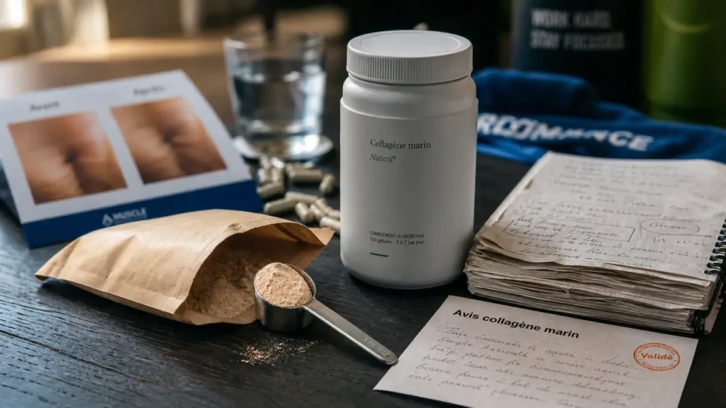 collagene marin avis : poudre beige, sachet et cuillère doseuse