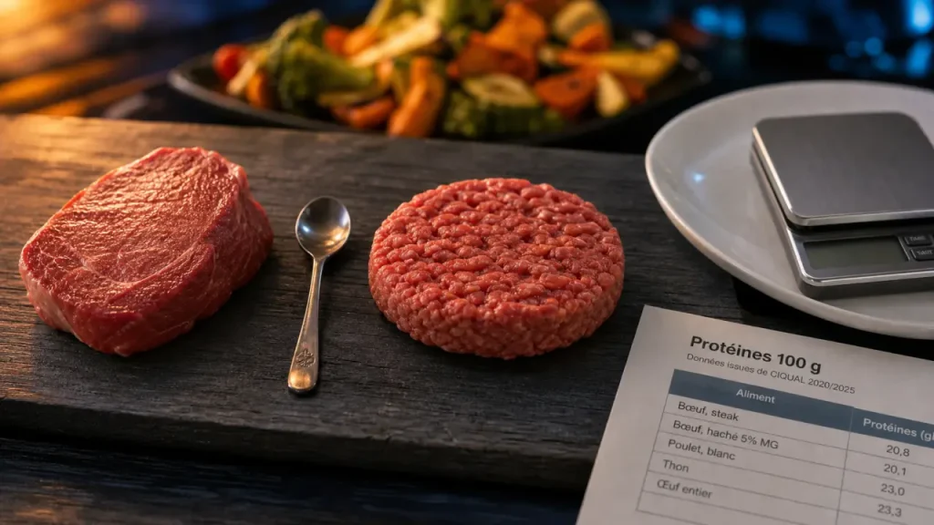 Combien de proteine dans 100g de viande rouge : 20 à 32 g selon morceau et cuisson