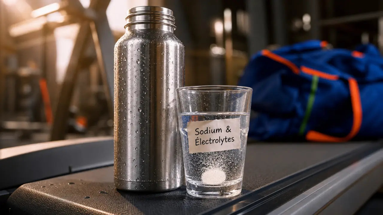 Electrolytes sodium sport dans une gourde et eau, après entraînement