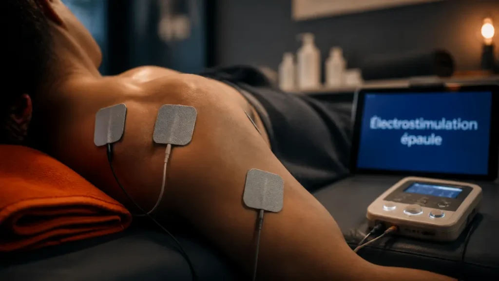 Électrostimulation tendinite épaule : électrodes sur deltoïde
