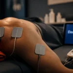Électrostimulation tendinite épaule : électrodes sur deltoïde