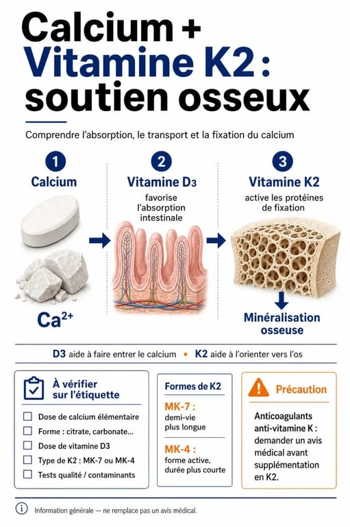 Complément alimentaire osteoforce calcium k2 efficace : infographie sur la fixation du calcium et les points à vérifier