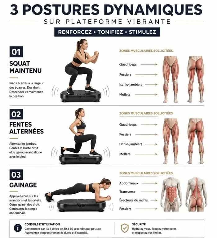 Exercices dynamiques sur plateforme vibrante pour optimiser la dépense de 10 minutes de plateforme vibrante calories