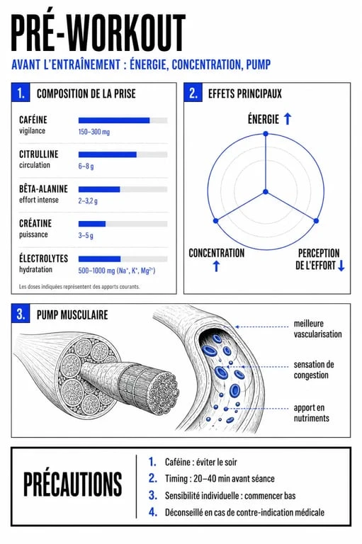 Le pre workout expliqué en infographie : ingrédients, timing de prise et précautions