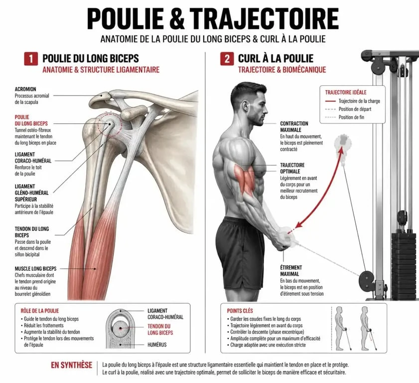 Schéma comparatif entre la poulie du long biceps anatomique et l'exercice de curl à la poulie