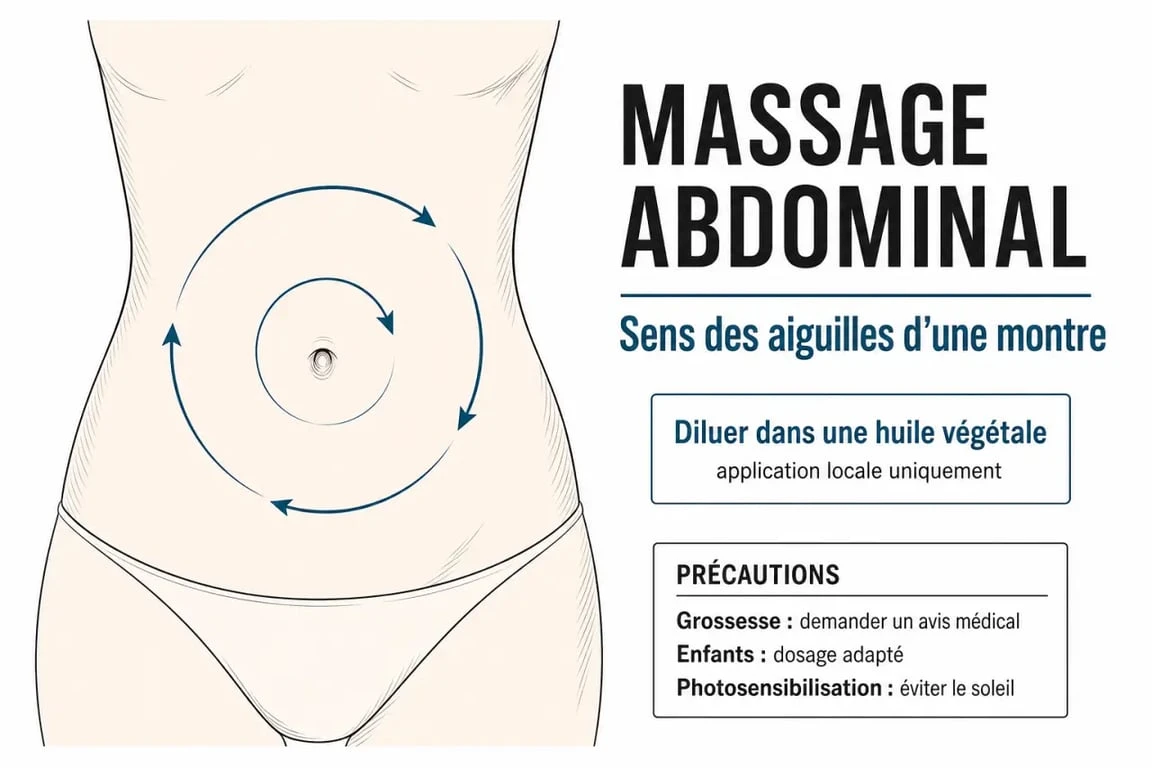 Huiles essentielles et constipation : schéma du massage abdominal et des précautions essentielles