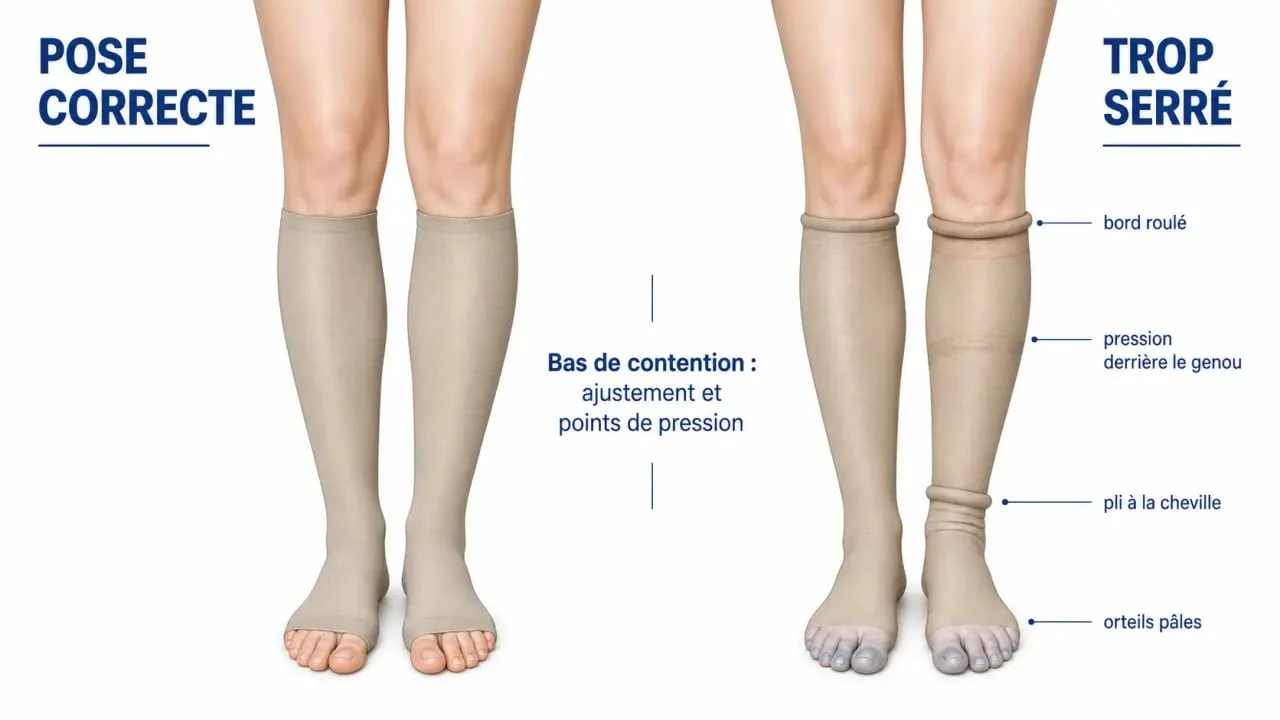 Bas de contention trop serré risques : schéma des zones de pression, des plis et des signes d’alerte sur la jambe