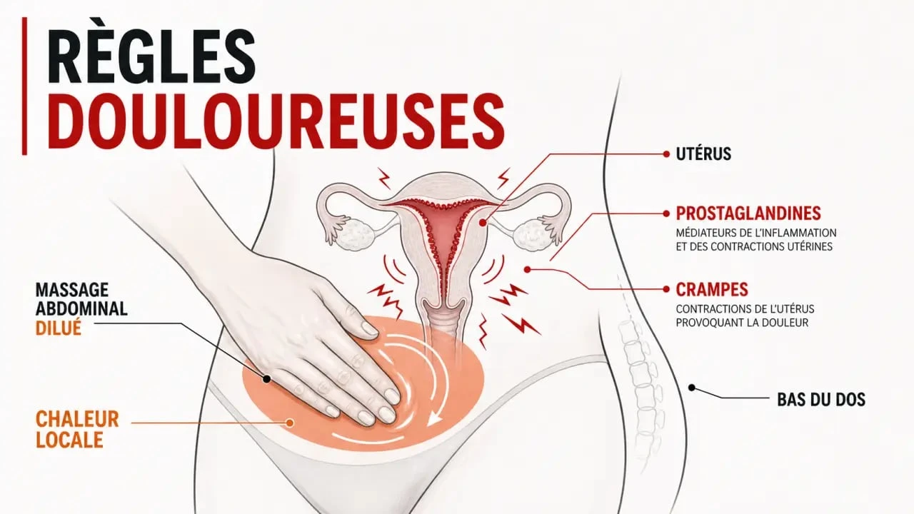 Schéma des huiles essentielles et règles douloureuses montrant les zones de massage et de chaleur