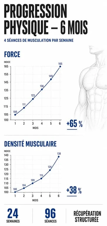 Progression en musculation 4 fois par semaine : résultats sur 6 mois