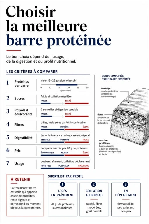 meilleure barre proteinee : infographie comparative des critères de choix, protéines, sucres, digestibilité et prix