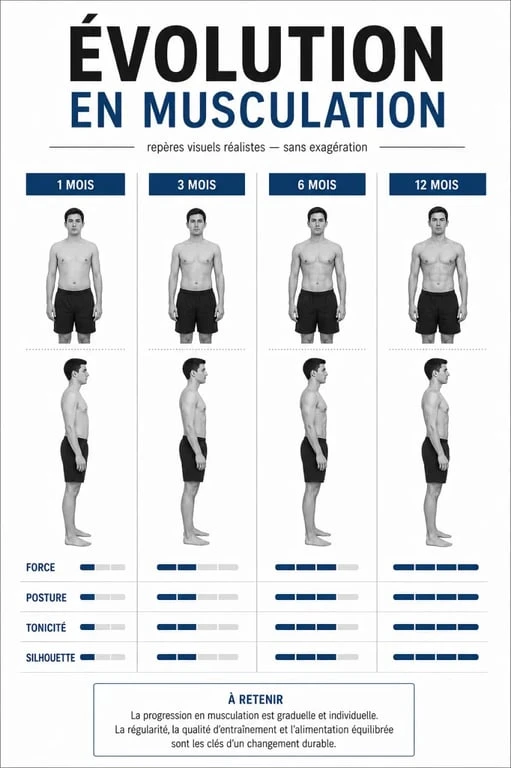 Infographie musculation avant apres montrant une progression réaliste sur 1 mois, 3 mois, 6 mois et 12 mois