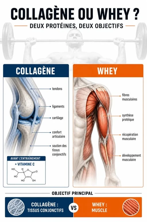 Collagene musculation : schéma éditorial montrant le rôle du collagène pour les tendons, les articulations et la différence avec la whey