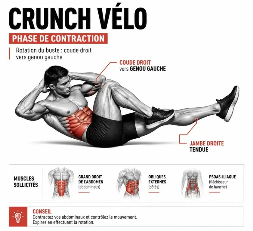 Exécution du crunch vélo avec rotation du buste et engagement des obliques