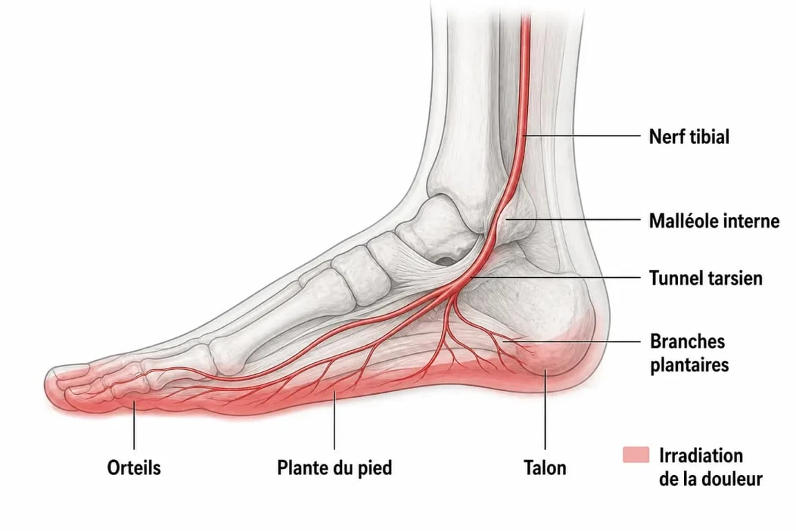Décharge électrique dans le talon du pied : schéma du nerf tibial et du tunnel tarsien
