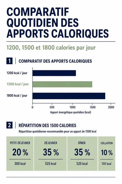 Régime 1500 calories : comparatif visuel entre 1200, 1500 et 1800 calories et répartition des repas sur la journée