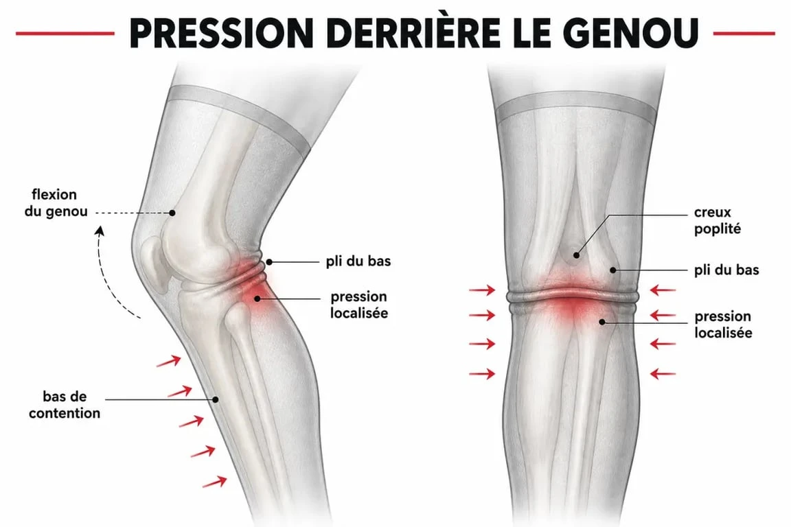 Bas de contention pli genou : schéma du creux poplité et des zones de pression derrière le genou