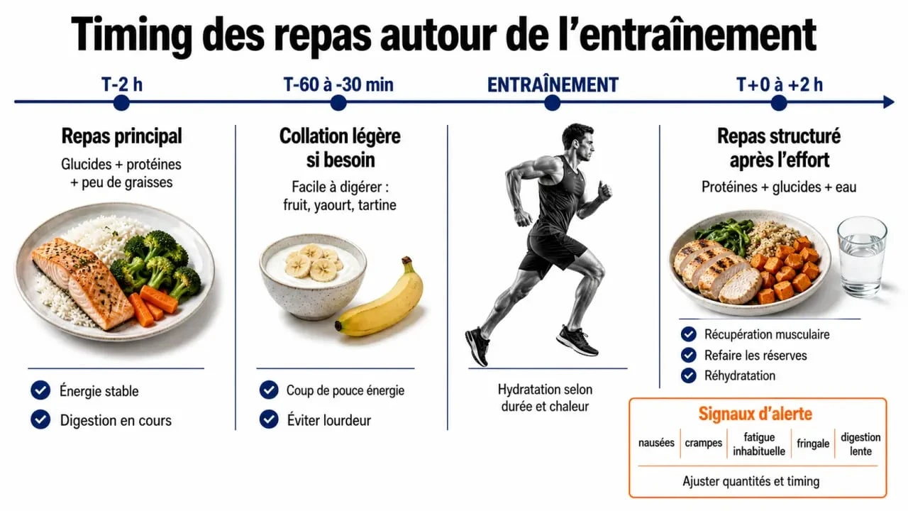 Perte de poids manger avant ou apres le sport : schéma du timing des repas autour de l'entraînement