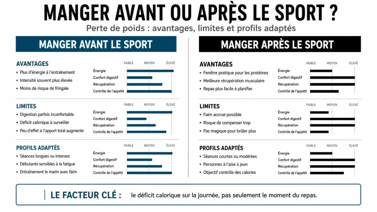 Perte de poids manger avant ou apres le sport : visuel comparatif des avantages et limites