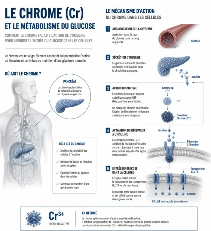 Schéma explicatif du rôle du chrome complément alimentaire dans le métabolisme du glucose