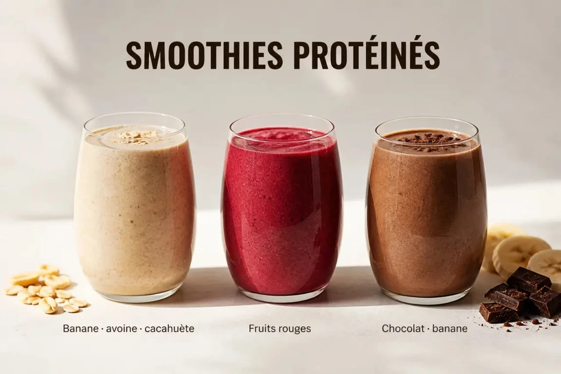Smoothie proteine en trois variantes servies dans des verres transparents sur fond sobre